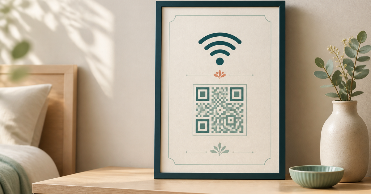 A framed printable Wi-Fi sign with a Wi-Fi symbol and decorative QR code in a guest room.